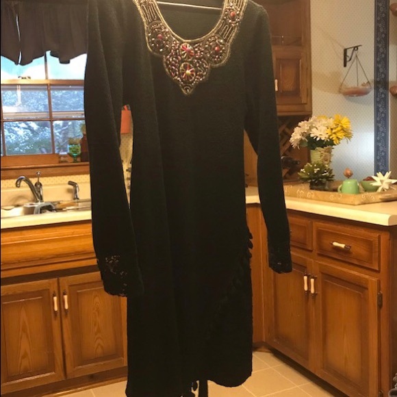 8 Sweater Dress Black Beads Tassels Lace Stretch - Picture 2 of 11
